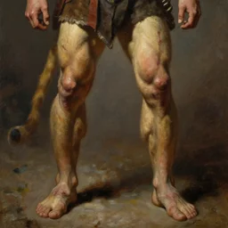 muscular lion as barbarian hunter  with scars full body human legs , very textured detailed oil painting by rembrandt