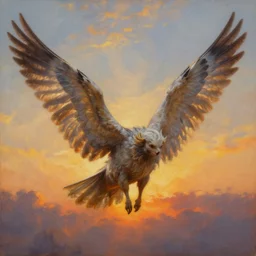 a job offer with wings, flapping its wings flying in sunset sky, oil on canvas, portrait, intricate, 8k highly professionally detailed, HDR, CGsociety
