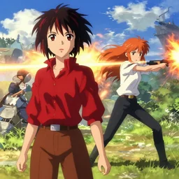 makoto shinkai, artgerm, ilya kuvshinov, steampunk beautiful anime woman, red shirt brown pants, black and red hair hair, symmetrical face, symmetrical eyes, second anime woman with orange hair and black pants, action scene, shooting fire war, detailed, summer setting, cinematic lighting