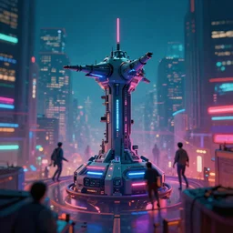 teleportation machine in a cyberpunk world, with people using it to travel around the city, style of chromatic aberration