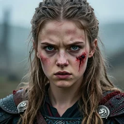 photorealistic  photograph of beautiful female teen viking warrior with large angry eyes, bloody, cinematic,
