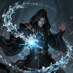 a portrait of dark mage casting water and shoot it, cyberpunk concept art, trending on artstation, highly detailed, intricate, sharp focus, digital art, 8 k