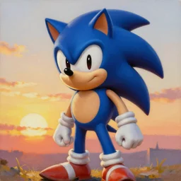 hyperrealistic anime Sonic the Hedgehog oil painting 8k , sunset backlight