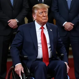 donald trump in a wheelchair around a few people, photograph, high resolution, attractive face