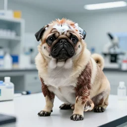 sloth cross pug hybrid, chymera, in laboratory panoramic, wide depth of field, 8 k