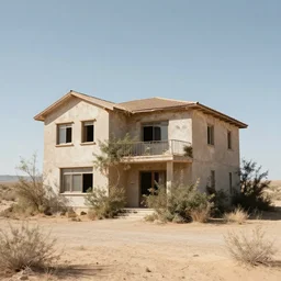 an old brutalist house with overgrown vegetation, the house stands in a desertic landscape, by filip hodas and ismail iceoglu, digital art, cinematic, award winning, unreal engine 5, ray tracing