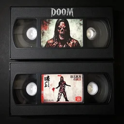 vhs still, japanese symbols, underground horror video, doom, dredd, decay