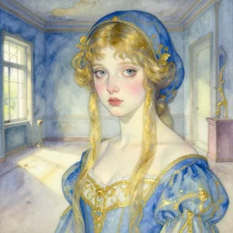 close up of a girl in a blue and gold haunted liminal abandoned room, watercolor by victo ngai, by hammershøi, by canova, art noveau, highly detailed, lights by edward hopper, liminal, eerie, bright pastel colors