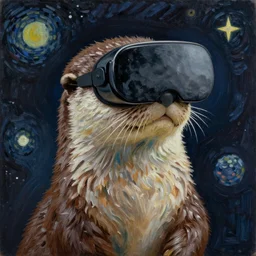 an otter wearing vr glasses in space, oil painting, hyperdetailed, smooth, by vincent van gogh