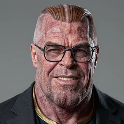 photo portrait of a handsome thanos with straight brown slicked back hair, while wearing thick rimmed glasses and an expensive suit, and smiling, realistic, hyperrealistic, 8 k resolution, hd quality, very detailed, highly detailed, intricate details, real life, real world, trending on artstation, digital art, really realistic, very realistic, headshot, head in frame, photograph, portrait, head in frame