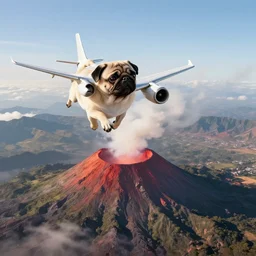 a pug flying an airplane into a volcano