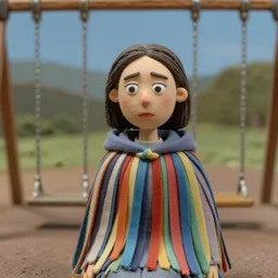a closeup portrait of a woman wearing a cloak made of ribbons, staring at an empty swing playground, sad, moody, claymation