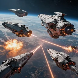 space battle scene between gigantic space ships, cinematic scifi shot, laser fire, explosions, ultra realistic details, 8 k
