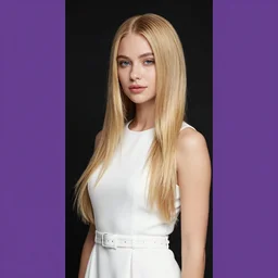 girl with long blond hair and white dress in purple-black background
