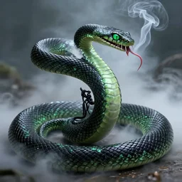val the venomous, an elegant snake - girl, sinuous and slinky with piercing green eyes, glittering black and green patterned skin, constricts her enemies and bites with poisoned fangs before disappearing in a cloud of smoke