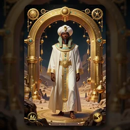 symmetry!! an african moor wearing white robes and turban in the valley of the kings at night. ornate, golden, steampunk stargate. front game card. marvel comics. dark. intricate. highly detailed. smooth. artstation. digital illustration by ruan jia, mandy jurgens, artgerm, wayne barlowe, greg rutkowski, and zdislaw beksinsk.