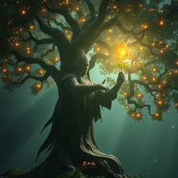 warrior picking a leaf from the body tree : 6 character design : 2 midnight, illusion, stunning, breathtaking, majestic, asian fantasy, digital render, line art, unreal engine, de - noise, 8 k, volumetric lighting, symmetrical, pronounced features, detailed contrast, scattered mist, glow 3 d alejandro alvarez alena aenami artworks in 4 k beeple, by thomas kin
