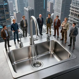 stainless steel kitchen sink with futuristic city standing around sink drain by ross tran, thierry doizon, craig mullins, ilya kuvshinov, artgerm, edward hopper, dan mumford, wlop, rutkovsky, carl spitzweg, moebius, unreal engine 5, lumen, nanite