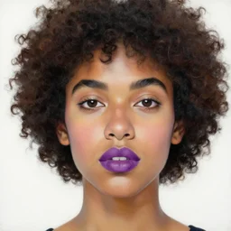 three quarter close up portrait painting of a young latina woman with curly hair, purple lips, white background, by kehinde wiley, kadir nelson