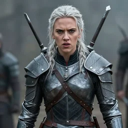 scarlett johansson cast as ciri in the witcher netflix series, battle scene, wearing armour, glaring angrily