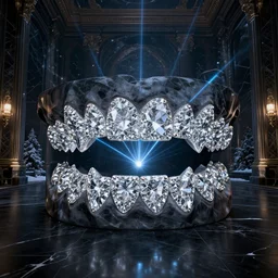 up close shot of diamond grills with vampire fangs, houston, winter, dark scenery, dark lighting, cinematic, cold freezing nights, laser lights, crybernetic, top floor boss shit, destroy lonely, black floor, lavish, luxurious, marble walls, cinematic, hyper realism, high detail, octane render, 8 k