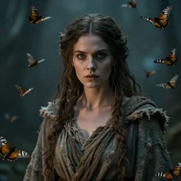 close - up of a sorceress woman in tattered robes, surrounded by many flying moths. dramatic. cinematic. concept art. 4 k, ultra - high - definition