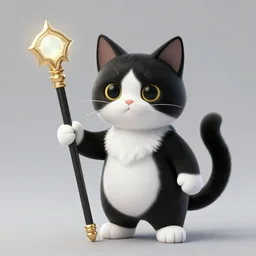 fantasy black and white cat holding magic staff, high detail, digital art, concept art, 4k