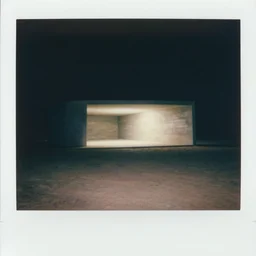 concrete structure in the desert at night, minimalistic architecture, dark, surreal, open space, light art, james turrel, old polaroid, expired film,