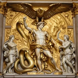 massive sculpture of a serpent and an eagle, thus spoke zarathustra, michaelangelo, bernini, figurans serpentinata, hyperrealistic, baroque, gold leaf n - 8