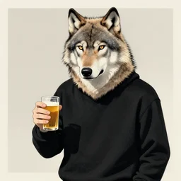 Wolf wearing black sweatshirt, holding beer, artwork by Earl Norem,