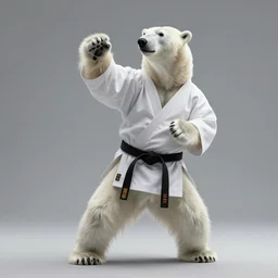 a still of a polar bear punching while wearing a kimono standing on two legs on the floor. karate. 4 k. hyper - detailed. epic ligthing