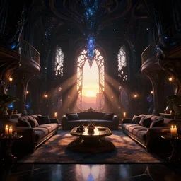 videogame screenshot of a very dark dreamy luxury bioluminescent organic maximalist living room, candlelight, sunset glow, dark shadows, god rays, chiaroscuro, backlit, octane render, volumetric lighting, raytracing, symmetrical wide shot low angle