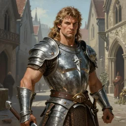 a highly detailed portrait painting of a muscular beautiful hercules in platearmor, poising for the camera, on an medieval gothic street, in the style of greg rutkowski and hans zatzka, digital art, sharp focus, highly realistic, octane render
