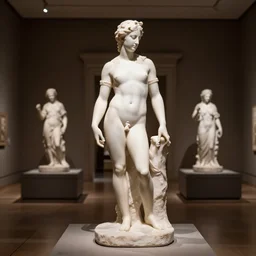 a dimly lit museum of statues