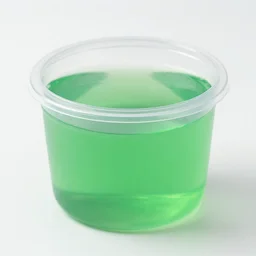 plastic container with green liquid inside