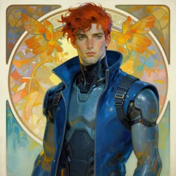 attractive man, cyberpunk, cool colors, painting by gaston bussiere, craig mullins, greg rutkowski, alphonse mucha