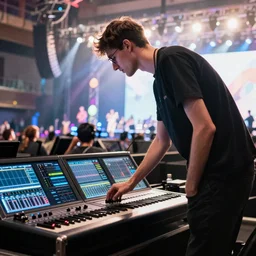 very tall, slim man, with glasses, standing with his back bent, over a large digico sd - 1 2 console, running sound at a live event