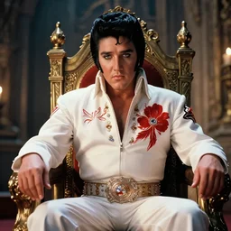sharp, highly detailed, color film of elvis as king of the world, sitting on his throne in his castle, atmospheric lighting, in focus, reflective eyes, 3 5 mm macro lens, live action, nice composition