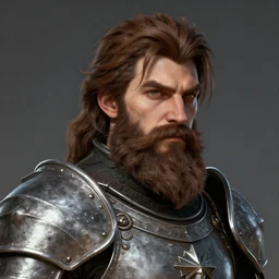 head portrait, 4 0 years old man, full brown beard, stocky brown hair, fantasy, medieval metal armour, high detail, digital art, rpg, concept art