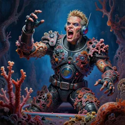 a photorealistic highly detailed painting of a cybercore 1 9 9 0's game show host screaming as he becomes covered by dead shriveled coral reef by johfra bosschart, lisa frank, kinkade, visionary art, dark fantasy art, high detail, trending on artstation