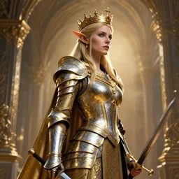 standing queen elf profile portrait with crown and armor in golden and silver colors and a curve long sword, full body, detalles face, blue eyes, epic masterpiece of cinematographic hyperrealism, realistic shaded lighting poster by craig mallismo, artgerm, jeremy lipkin and michael garmash, unreal engine, radiant light, detailed and intricate environment, digital art, art station trends