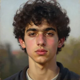 oil painting by ilya kuvshinov, baugh casey, rhads, coby whitmore, of a youthful persian - indian college student, male, handsome, effeminate, high cheekbones, large sensual mouth, curly black hair, outdoors, highly detailed, breathtaking face, studio photography, dawn, intense subsurface scattering, blush, supple look, innocence, intense sunlight