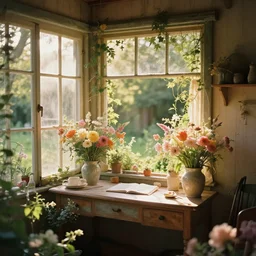 1 9 9 0 s candid 3 5 mm photo of a beautiful day in the a dreamy flowery cottage, cinematic lighting, cinematic look, golden hour, a desk for flower arrangements has sun shinning on it through a window, uhd
