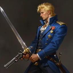 side profile of a blonde man in a blue suit with medals on it dual wielding a sword and a pistol, highly detailed, d & d, fantasy digital painting, trending on artstation, concept art, sharp focus, illustration, volumetric light, intricate, art by artgerm and greg rutkowski