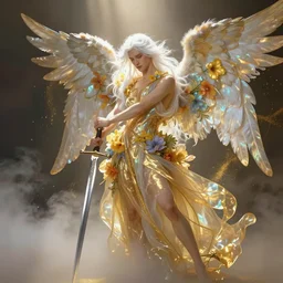 hyperrealist portrait of a lithe androgynous male angel, warrior poses with a sword, long white hair, wearing diaphanous iridescent golden robes decorated with vibrant flora, volumetric fog, glittery golden dust, bloom lighting effect, god rays, in the style of michelangelo, alphonse mucha, bouguereau, luis ricardo falero.