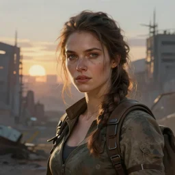 digital painting portrait of a survivalist woman in a post - apocalyptic city, beautiful intricate, dawn, soft light