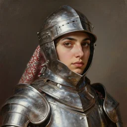 Extreme Close-up portrait of a proud female Arabic knight wearing plate armor, by Charles Sillem Lidderdale, 4k, brilliant, painterly, realism