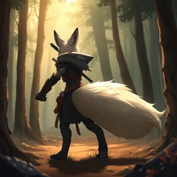 a medevial anthropomorphic fox assassin with a fluffy tail in a forest, trending on pixiv, detailed, anime, warm lighting, backlighting, trending on furaffinity, furry art, fantasy art