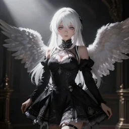 white-haired anime attractive anime girl wearing a black dress in a dark room, angelic, shafts of light, atmospheric, photoreal, artstation, WLOP