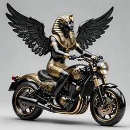 fine art statue of masculine black egyptian god on a surrealist motorcycle, ebony art deco, carved black marble, inlaid with ebony and gold accents, ebony rococo, wings black lace wear, by spider zero, zaha hadid, beautifully lit, hyper detailed, intricate, elite, ornate, photorealistic, micro details, ray trace